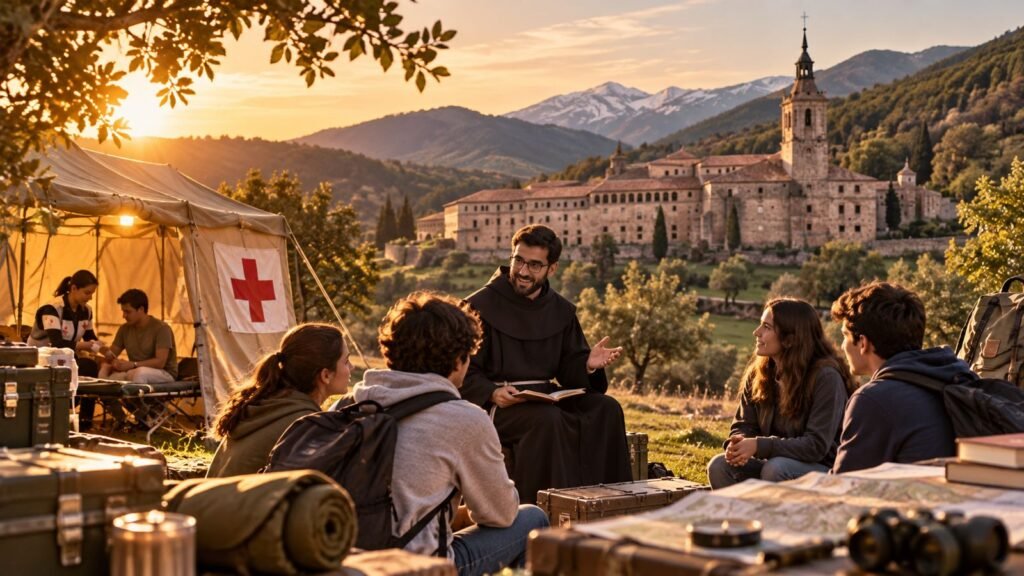 Fraile agustino recoleto acompaña a jóvenes en formación junto a un hospital de campaña, imagen de la pastoral vocacional y la misión de la Iglesia.