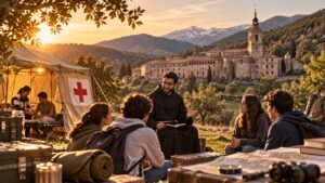 Fraile agustino recoleto acompaña a jóvenes en formación junto a un hospital de campaña, imagen de la pastoral vocacional y la misión de la Iglesia.
